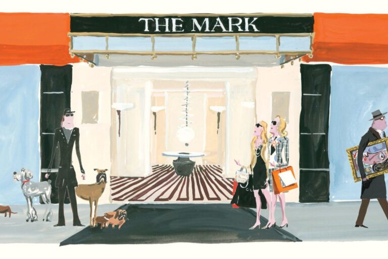 Whimsical painting of stylish guests and pets in front of 'THE MARK' hotel facade.