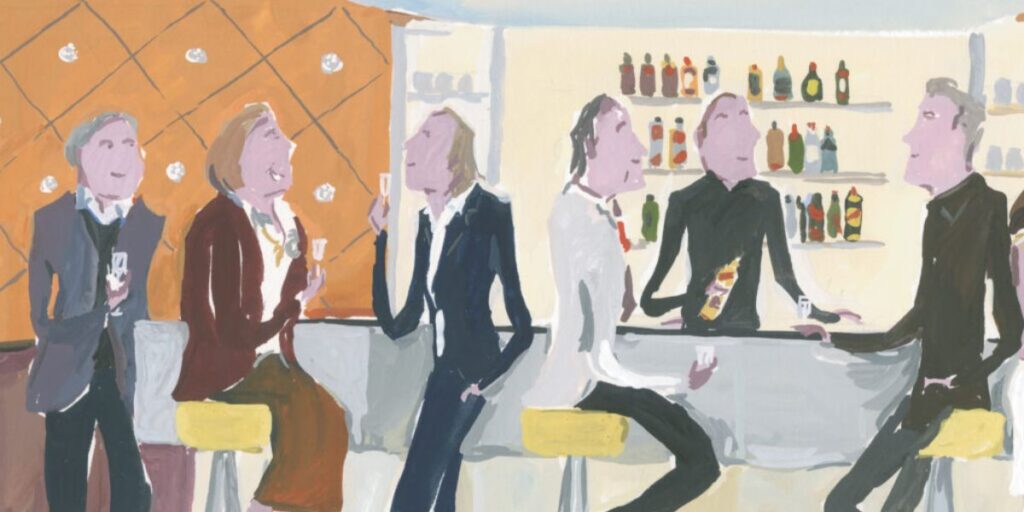 Abstract painting of people socializing at a bar with a minimalist style.