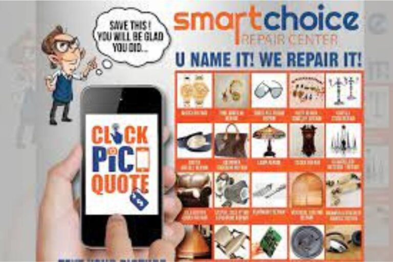 Advertisement for Smart Choice Repair Center featuring a cartoon character, a variety of repairable items, and slogans like "U NAME IT, WE REPAIR IT!"