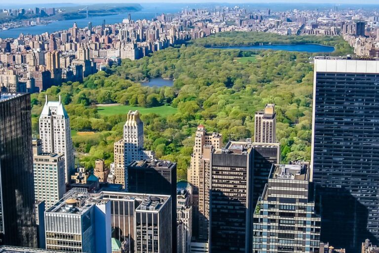 Aerial view of Central Park surrounded by New York City's urban skyline.