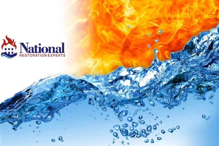 A vivid graphic of water extinguishing flames with the logo of National Restoration Experts.