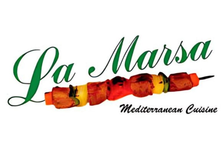 Logo of La Marsa featuring an illustration of a kebab skewer with assorted vegetables and the text "La Marsa Mediterranean Cuisine" in stylized green font.