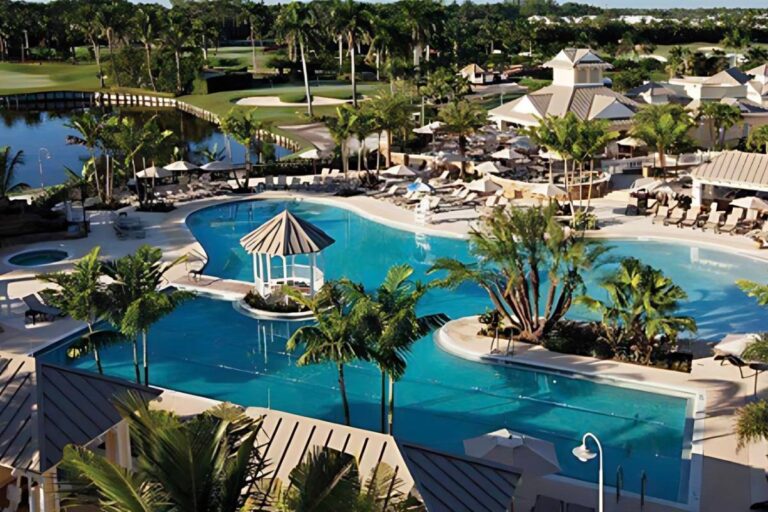 Aerial view of a luxurious resort pool surrounded by palm trees and cabanas.