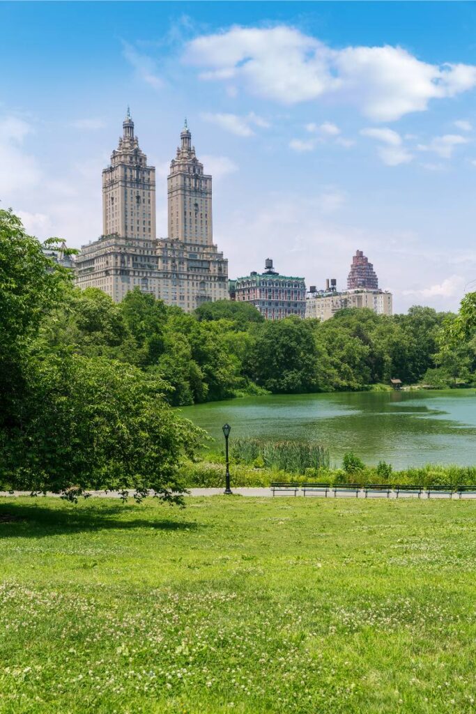 View of iconic apartment buildings overlooking Central Park, New York City.