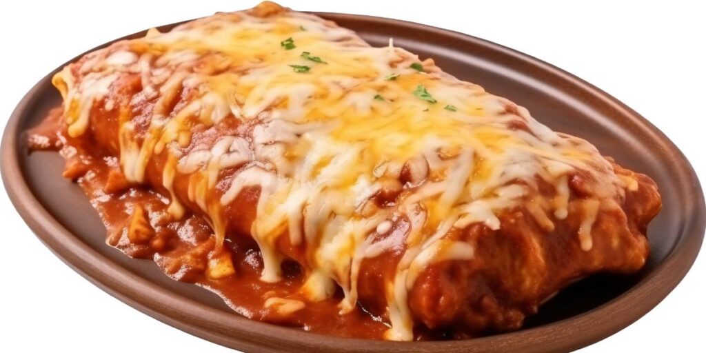 A scrumptious cheese enchilada topped with melted cheese and garnished with fresh herbs on a ceramic plate.