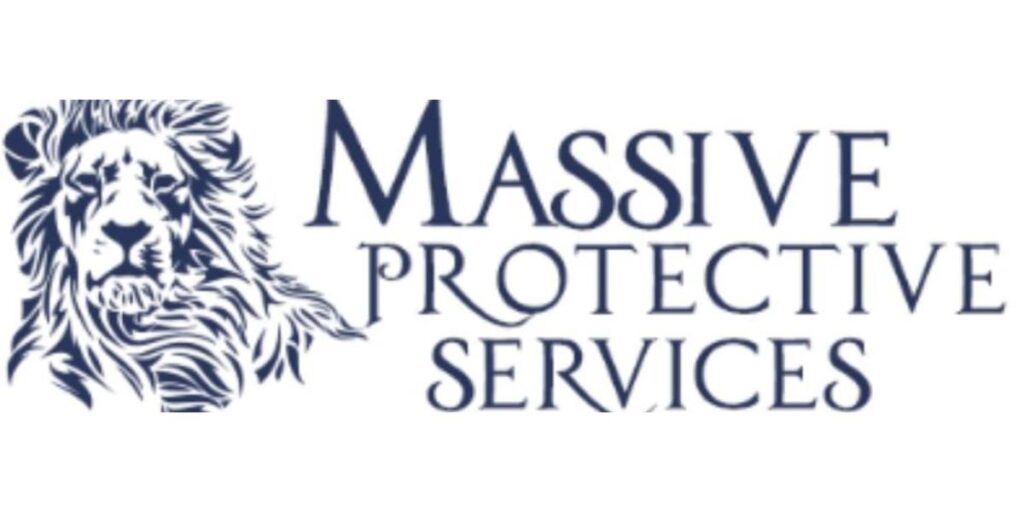Logo of Massive Protective Services featuring a detailed illustration of a lion's head next to bold text.