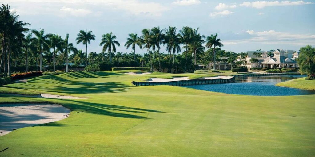 A serene golf course with vibrant green fairways, palm trees, and a calm water hazard under a clear sky.
