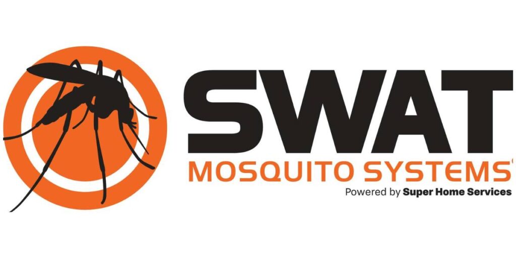 Logo of SWAT Mosquito Systems featuring a stylized mosquito silhouette within an orange circle, accompanied by the text "SWAT MOSQUITO SYSTEMS" and the tagline "Powered by Super Home Services."