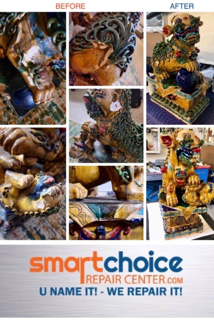 Before and after images of a restored ornate ceramic figurine by Smart Choice Repair Center.