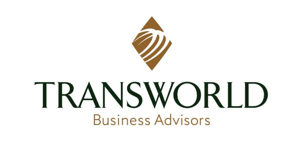 Logo of Transworld Business Advisors featuring a stylized globe within a diamond shape above the company name in green lettering.
