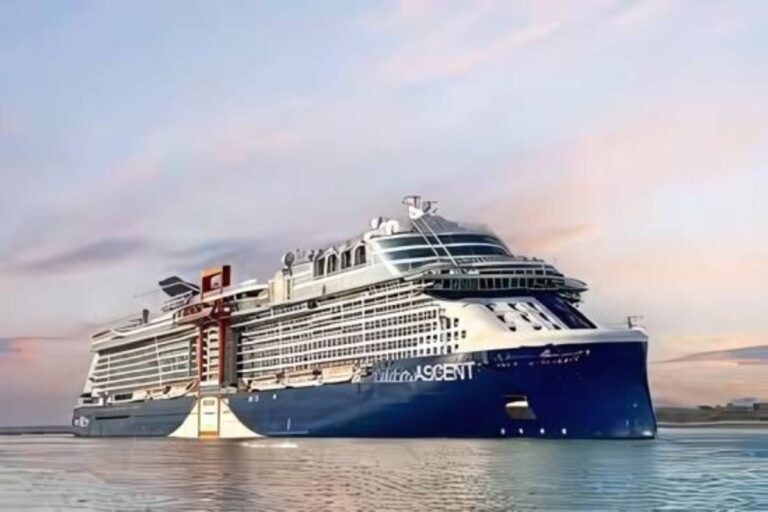 A luxurious cruise ship named 'Celebrity Ascent' docked at port during sunset.