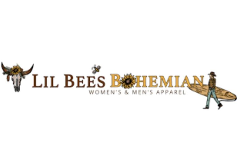 Logo of Lil Bees Bohemian featuring a steer skull, a sunflower, a bee, and an illustrated figure with a surfboard.