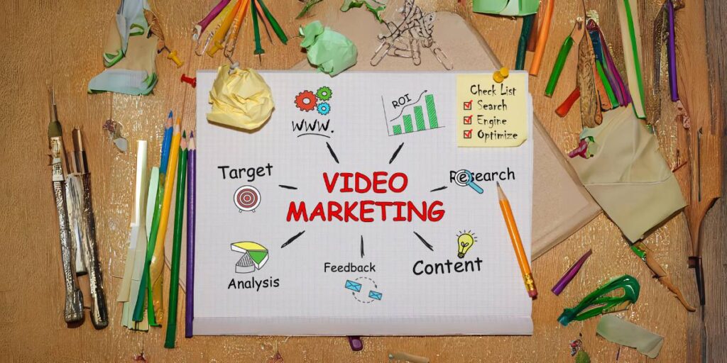 A creative brainstorming scene with a central focus on 'VIDEO MARKETING' surrounded by related concepts and colorful stationery.