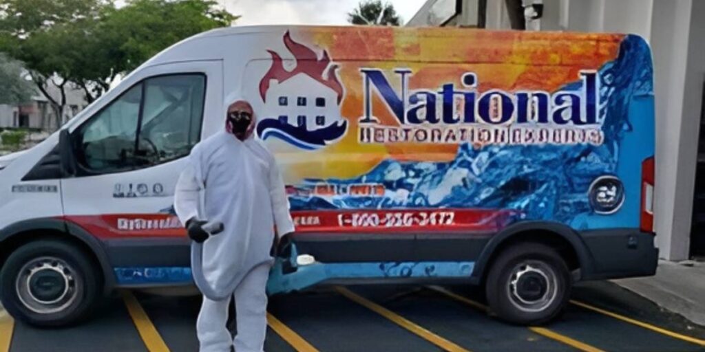 A service van with colorful graphics for National Restoration Experts and a person in protective gear standing beside it.